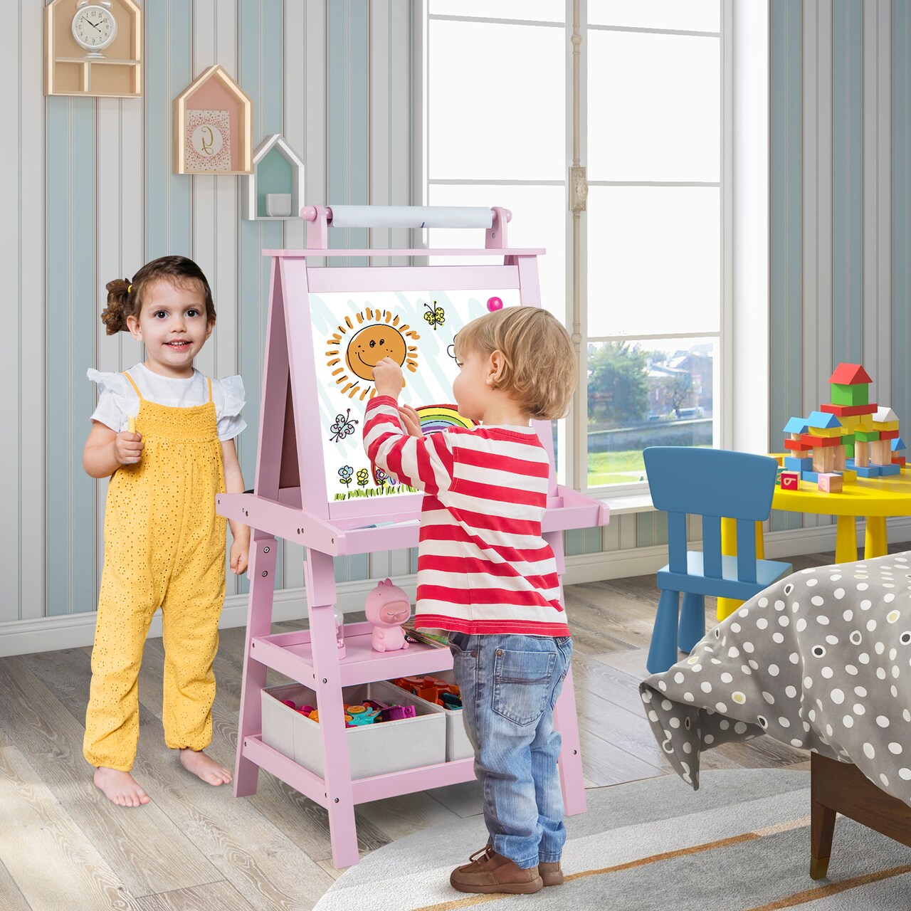 3-in-1 Kids Art Easel with Double-Sided Blackboard-Whiteboard and Paper Roll and Storage Shelves